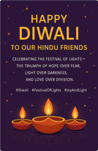 Three glowing oil lamps on a mandala pattern with golden sparkles and marigold garlands, celebrating Diwali with the message: Happy Diwali to Our Hindu Friends—celebrating the triumph of hope, light, and love